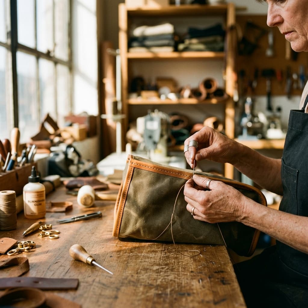 Artisan hands stitching leather